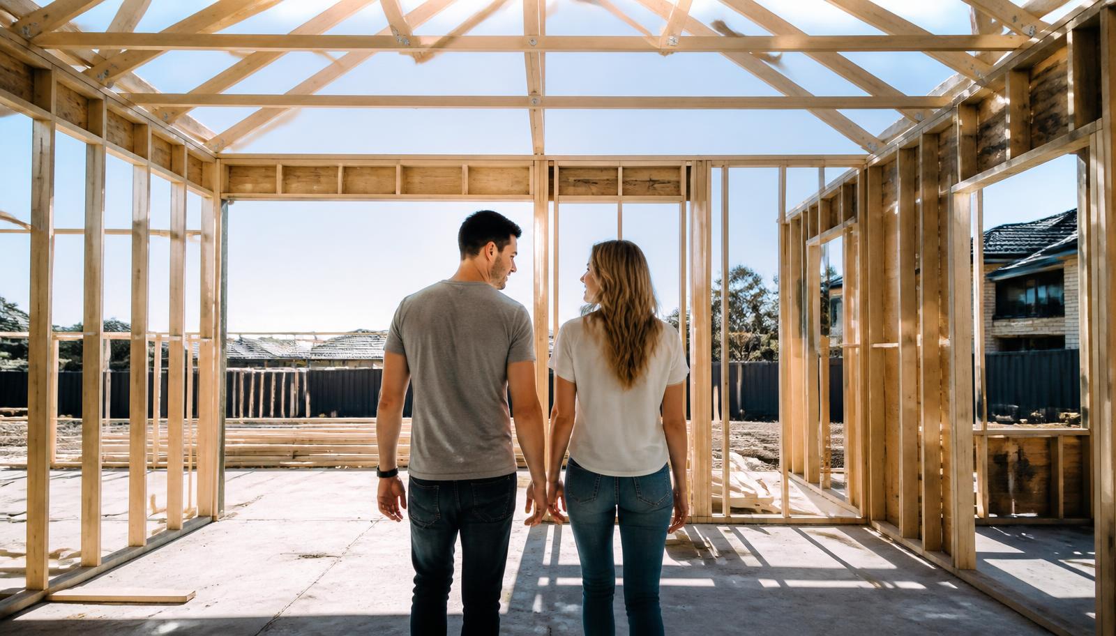 A Perth couple walking through the timber frame of their new home