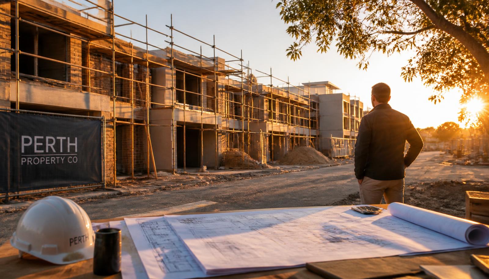 A Perth property development site at sunset with architectural plans in the foreground